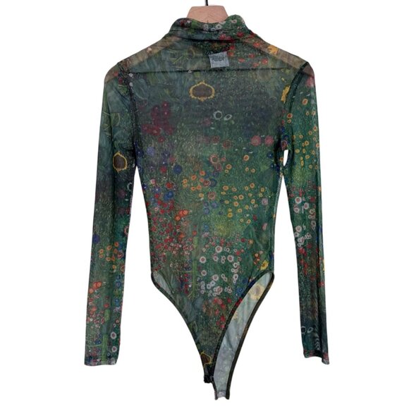 ZARA Art Print Floral Sheer Mesh Bodysuit Farm Garden with Sunflowers - Picture 2 of 4